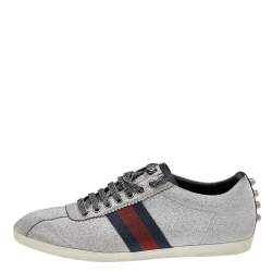 Pre Owned Gucci Metallic Silver Glitter Coated Fabric Bambi Web Detail Studded Low Top Sneakers Size 40.5