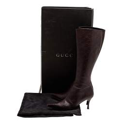 Pre Owned Gucci Brown Guccissima Leather Pointed Toe Knee Length Boots Size 38