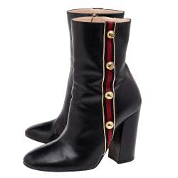 Pre Owned Gucci Black Leather Carly Malaga Studded Web Detail Block Heel Ankle Boots Size 38.5 