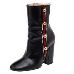 Pre Owned Gucci Black Leather Carly Malaga Studded Web Detail Block Heel Ankle Boots Size 38.5 