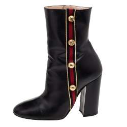Pre Owned Gucci Black Leather Carly Malaga Studded Web Detail Block Heel Ankle Boots Size 38.5 