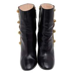 Pre Owned Gucci Black Leather Carly Malaga Studded Web Detail Block Heel Ankle Boots Size 38.5 