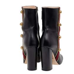 Pre Owned Gucci Black Leather Carly Malaga Studded Web Detail Block Heel Ankle Boots Size 38.5 