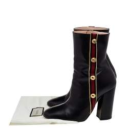 Pre Owned Gucci Black Leather Carly Malaga Studded Web Detail Block Heel Ankle Boots Size 38.5 