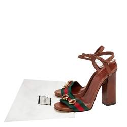 Pre Owned Gucci Brown Leather Horsebit Web Stripe Detail Ankle Strap Block Heel Sandals Size 38