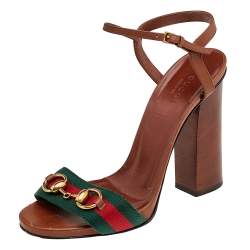 Pre Owned Gucci Brown Leather Horsebit Web Stripe Detail Ankle Strap Block Heel Sandals Size 38