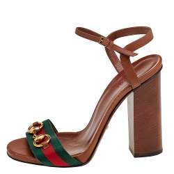 Pre Owned Gucci Brown Leather Horsebit Web Stripe Detail Ankle Strap Block Heel Sandals Size 38