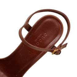 Pre Owned Gucci Brown Leather Horsebit Web Stripe Detail Ankle Strap Block Heel Sandals Size 38