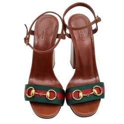 Pre Owned Gucci Brown Leather Horsebit Web Stripe Detail Ankle Strap Block Heel Sandals Size 38