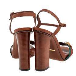 Pre Owned Gucci Brown Leather Horsebit Web Stripe Detail Ankle Strap Block Heel Sandals Size 38