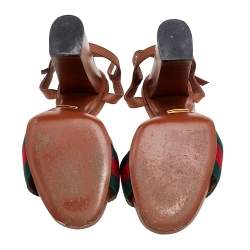Pre Owned Gucci Brown Leather Horsebit Web Stripe Detail Ankle Strap Block Heel Sandals Size 38