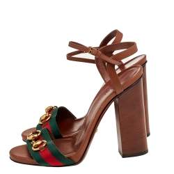 Pre Owned Gucci Brown Leather Horsebit Web Stripe Detail Ankle Strap Block Heel Sandals Size 38
