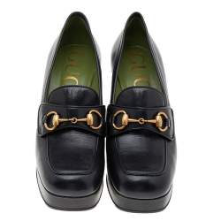 Pre Owned Gucci Black Leather Houdan Horsebit Platform Loafer Pumps Size 38