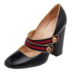 Pre Owned Gucci Black/Gold Leather Carly Web Mary Jane Pumps Size 38