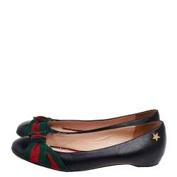 Pre Owned Gucci Black Leather Web Bow Ballet Flats Size 39