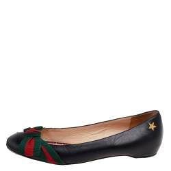 Pre Owned Gucci Black Leather Web Bow Ballet Flats Size 39