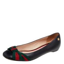 Pre Owned Gucci Black Leather Web Bow Ballet Flats Size 39