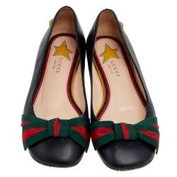 Pre Owned Gucci Black Leather Web Bow Ballet Flats Size 39