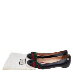 Pre Owned Gucci Black Leather Web Bow Ballet Flats Size 39