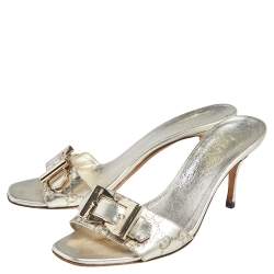 مملوكة مسبقًا Gucci Gold Leather Interlocking G Buckle Slide Sandals Size 38
