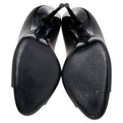 Pre Owned Gucci Black Leather Logo Plaque Open Toe Pumps Size 40
