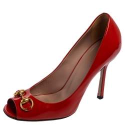 Gucci Red Patent Leather Horsebit Peep toe Pumps Size 39.5 Gucci TLC