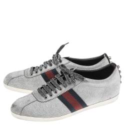 Gucci Metallic Silver Glitter Coated Fabric Bambi Web Detail Studded Low Top Sneakers Size 41