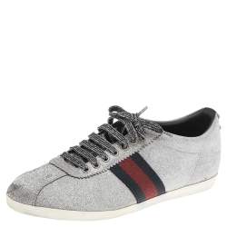 Gucci Metallic Silver Glitter Coated Fabric Bambi Web Detail Studded Low Top Sneakers Size 41