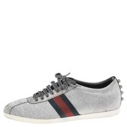 Gucci Metallic Silver Glitter Coated Fabric Bambi Web Detail Studded Low Top Sneakers Size 41