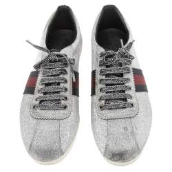 Gucci Metallic Silver Glitter Coated Fabric Bambi Web Detail Studded Low Top Sneakers Size 41
