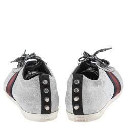 Gucci Metallic Silver Glitter Coated Fabric Bambi Web Detail Studded Low Top Sneakers Size 41