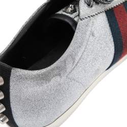 Gucci Metallic Silver Glitter Coated Fabric Bambi Web Detail Studded Low Top Sneakers Size 41