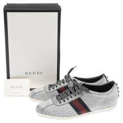 Gucci Metallic Silver Glitter Coated Fabric Bambi Web Detail Studded Low Top Sneakers Size 41