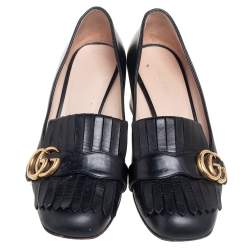 Pre Owned Gucci Black Leather Monogram Fringe Detail Mid-Heel Pumps Size 38