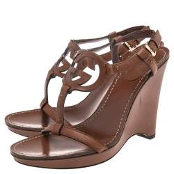 Pre Owned صندل غوتشي كعب روكي سير حرف تي حرف جي متشابك جلد بني مقاس 37