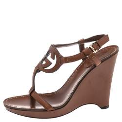 Pre Owned صندل غوتشي كعب روكي سير حرف تي حرف جي متشابك جلد بني مقاس 37