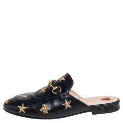 Pre Owned حذاء مولز غوتشي برينستون جلد أسود مطرز نحلة ونجمة مقاس 36.5