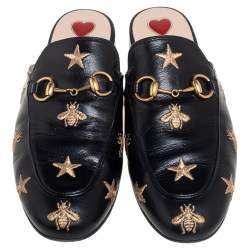 Pre Owned حذاء مولز غوتشي برينستون جلد أسود مطرز نحلة ونجمة مقاس 36.5