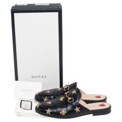 Pre Owned حذاء مولز غوتشي برينستون جلد أسود مطرز نحلة ونجمة مقاس 36.5