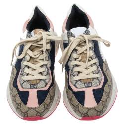 Pre Owned حذاء رياضي غوتشي أربطة كانفاس مونوغرامي وجلد بني مقاس 37