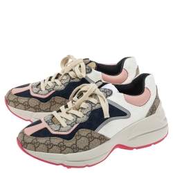 Pre Owned حذاء رياضي غوتشي أربطة كانفاس مونوغرامي وجلد بني مقاس 37