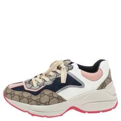 Pre Owned حذاء رياضي غوتشي أربطة كانفاس مونوغرامي وجلد بني مقاس 37