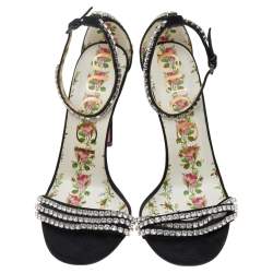 Gucci Black Suede Crystal Embellished Ankle Strap Sandals Size 36.5