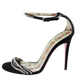 Gucci Black Suede Crystal Embellished Ankle Strap Sandals Size 36.5