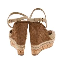 مملوكة مسبقًا Gucci Beige Suede Wedge Espadrille Platform Ankle Strap Sandals Size 36.5