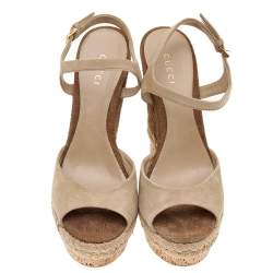 مملوكة مسبقًا Gucci Beige Suede Wedge Espadrille Platform Ankle Strap Sandals Size 36.5
