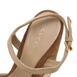 مملوكة مسبقًا Gucci Beige Suede Wedge Espadrille Platform Ankle Strap Sandals Size 36.5