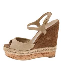 مملوكة مسبقًا Gucci Beige Suede Wedge Espadrille Platform Ankle Strap Sandals Size 36.5