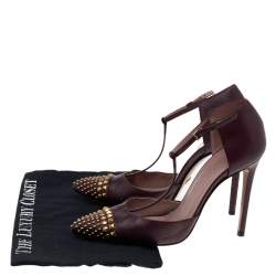 Gucci Burgundy Leather Coline Studded T Strap Pumps Size 38