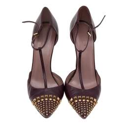 Gucci Burgundy Leather Coline Studded T Strap Pumps Size 38